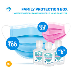 Family Protection Box: 100x Medical Face Masks, 20x Kids Masks, 4x Hand Sanitizers 60ml